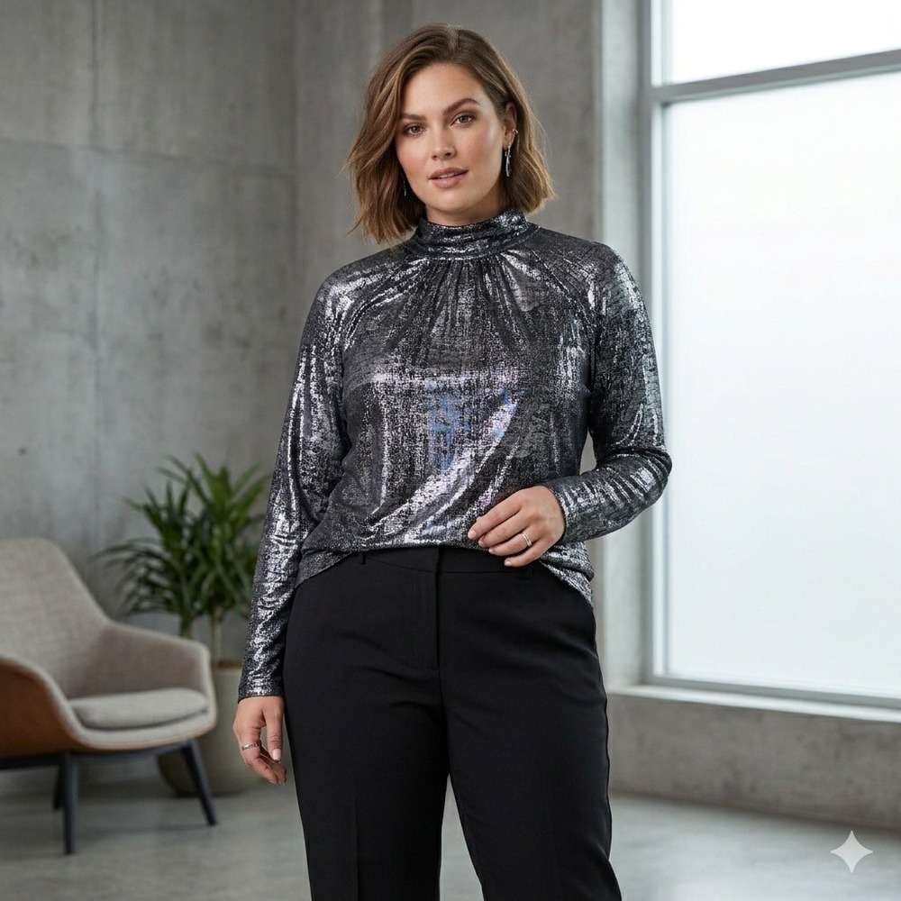 Ted Baker Rich Black Silver Metallic Foil Mock Neck Long Sleeve Top Blouse L NEW